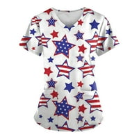 SKSLOEEG CRUBS vrhovi žene rastezljive američke zastave zvijezde uzorak medicinske sestre uniforme za žene kratki rukav V-izrez majice za džepove, crveni XL