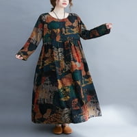 Ženski dugi rukav okrugli vrat cvjetni otisak boemske vintage haljine ga tamno smeđe boje