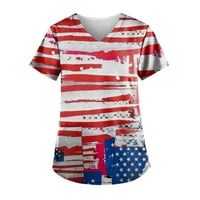 SKSLOEG WOMENS Screed Tops American Flag Print Patriotsko gornja odjeća s džepovima Kratki rukav V-izrez