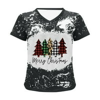 Srećna božićna majica za žene Leopard plaid stabli Ispis Casual V izrez bluza Dressy Tie Dye kratki