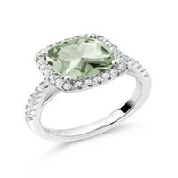 Gem Stone King 2. CT jastuk Green Prasiolit White Created Sapphire Sterling srebrni prsten