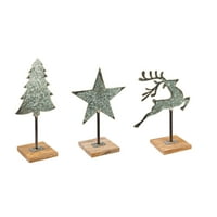 Pocinčani metalni božićni stolni dekor s drvenom bazom, asortira: drvo, jelena, zvijezda, 6,5 '' 4,8