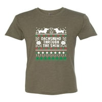 Daschund kroz snijeg ružni božićni džemper muški premium tri mješavina majica, vojna zelena, x-velika