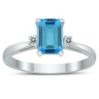 Ženski smaragdni rez 7x plavi topaz i dijamant tri kamenog prstena u 10k bijelo zlato