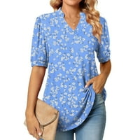 Grafičke majice za žene, ženske casual v izrez T majica puffne rukave Top Flowy Ruched elegantne ljetne