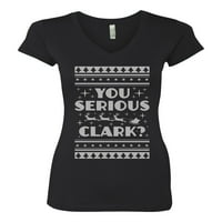 Vi ozbiljan film Clark Božićni momak ružni božićni džemper ženski junior fit v-izrez, crni, mali