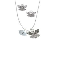 DELIGHT nakit silvertni mali ptičji inicijal - D - srebrni ton čuvar anđeoski šarm ogrlica i naušnice