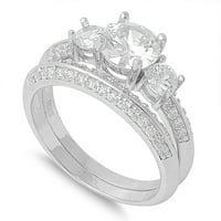 Set tri okrugli centar kubični cirkonijski prsten za vjenčanje Sterling Silver 925