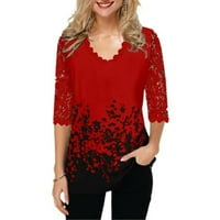 Ženski čipkani rukavac s majicom V-izrez cvjetni ispisani labavi bluza crveni l