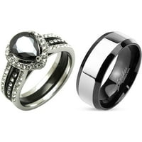 Njegova njegova prstenasta met ženska crna kruška CZ CZ Dva tona crnog vjenčanog prstena MENS Dvije