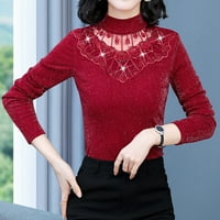Majice za žene labavo Fit Shiny Proljetni srednji visoki vrat dugih rukava čipka i džemper vrhovi