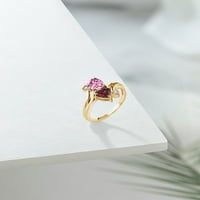 Gem Stone King 18K žuti pozlaćeni srebrni dvostruki srčani prsten za žene Pink Moissinite i Garnet