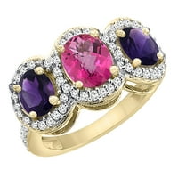 10k žuto zlato prirodno ružičasta Topaz & Amethyst 3-kameni prsten ovalni dijamant naglasak, veličina