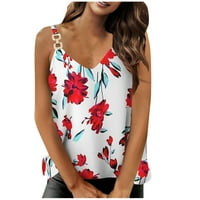 Žene Ljetni modni vrhovi lančani cvjetni print labav V izrez bez rukava bez rukava crveni m