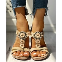 Sandale za žene Ljeto Gluted cvijeće ukrašene ravne sandale za ženu Bež veličine 7.5