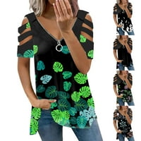 Ženska modna casual v izrez za patentni zatvarač od tiskanog majica s kratkim rukavima TOP XS-2XL