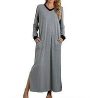Plus veličina haljina Ženski džep s dugim rukavima V-izrez Bočni prorez za spavanje duga haljina siva
