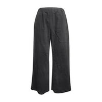 HHEI_K Dame Solid Boja pamučna posteljina elastična struka Loose široke pantalone za noge casual hlače