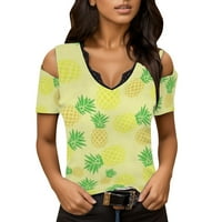 Majice za žene Grafički labavi fit Print V čipka za vrat OFF na ramenu kratkih rukava ženske majice