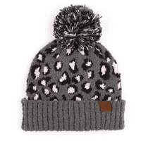 Ženski pom pom Beanie životinjski print sivo ružičasti zimski šešir