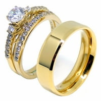 Par prstenova set ženski zlatni IP nehrđajući čelik krug CZ Vjenčani prsten Muški zlatni ravni pojas