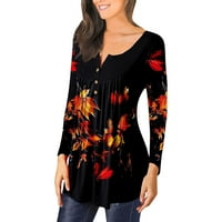 Majice za žene V-izrez cvjetne tiskane tunike tipke dugih rukava labava bluza TEE majica top bluza