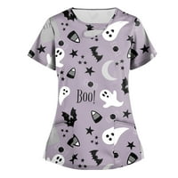 SKSLOEEg Womens Scrip Tors Stretchy V-izrez Halloween Cat Bundeckin Print T-majice Radna odjeća medicinska