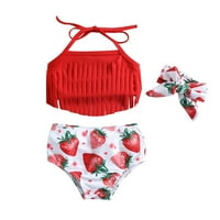 Ljetne djevojke djevojke kupaći kostim Bowknot Strawberry Prints Tassel Three Wimbowit kupaći kostim