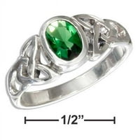 -017365- In. Sterling srebrni ovalni zeleni staklo Celtic Trinity čvorov prsten