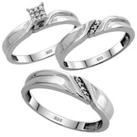 Sterling Silver Diamond Trio za vjenčani prsten set njegova i njegova rodijum završetka, dame veličine