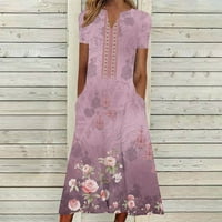 Ležerne haljine za žene džepove midi haljine vintage cvjetni print V-izrez kratki rukav plaža labava