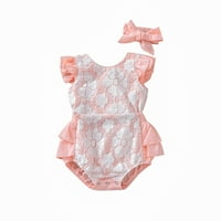 Multitraust Baby Girl Modna solidna boja čipka za let rukav rukav i traku za glavu