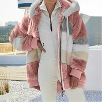 Clearance Color Blok Zimski kaputi za žene Fleece jakna Zip up Fuzzy s kapuljačom dugih rukava s dugim