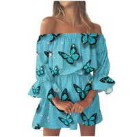 Ljeto s ramena haljine za žene Trendy Ležerni cvjetni uzorak Grafički majica haljina Izlazna elegantna zvona kratka mini haljina plava m