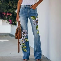 Hlače za žene Ženske hlače Cvjetni ispisani uzorak Labavi rub Jeans Stretch Flares dno ženske hlače ljubičaste xxl