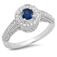 Kolekcija Dazzlingock 14k Round Blue Sapphire & White Diamond Bridal Vintage Halo Style Angažman prsten,