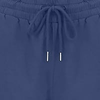 Teretne pantalone, ženske ležerne pamučne i posteljine čvrste vuče elastične struke duge ravne hlače plave 3x-velike