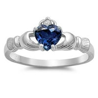Vaša boja Blue Simulirani safirni obložnik prsten od claddagh. Sterling Silver Band CZ Ženski veličine 7
