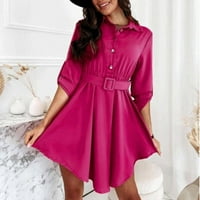 Ženske haljine Žene dugih rukava V izrez Masivna košulja Dame Radni remen gumni gumb dolje haljina za žene vruće ružičaste xxxl