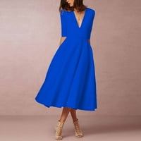 Haljine za žene Ljetna casual haljina Čvrsta duboka V-izrez-vrat-duljina za naljepnica i bljeskalica Srednja dužina haljina od ruba plava m