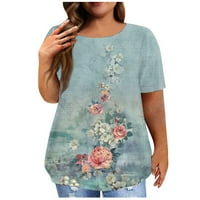 Ženski Ljeto plus veličina kratkih rukava Crewneck vrhovi cvjetni print casual labav T majice plava 3xl