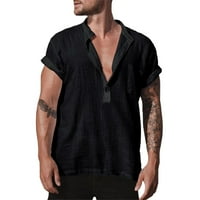 Muška majica Ljetna posteljina labav sv ovratnik čvrste boje kratkih rukava T majica Black XL