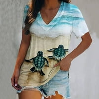 Majica za odmor Ljetna tunika Labavi montaža Ležerne prilike Elegantne Dressy Slatke kornjače Grafičke žene T-majice Kratki rukav Ties V-izrez Light Blue XL