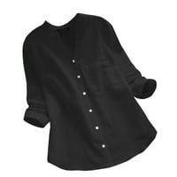 Ženske pamučne platnene bluze casual pune boje dugih rukava s dugim rukavima dugme za bluzu dolje crne