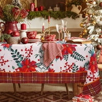 Božićni stolclougaonik, tkanina stolka za stol za pranje ruba za pranje s Xmas Poinsettia & Plaid uzorci Laka njega, mrlje puštanje stolnjak