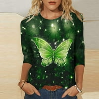 Ženski vrhovi Dugi rukav Dressy Butterfly Print s vratom s posadom Dugim rukavima zeleno m