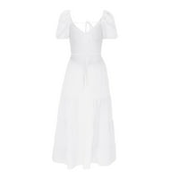 Outfmvch bijela haljina vintage elastična v izrez ruffled kratki rukav bez rukava Flowy Maxi haljine