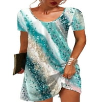 Glonme Ženske kratke haljine Sažetak Ispis Ljeto plaža Sundress Crew izrez Mini haljina Kaftana Comfy rukava Plavi s