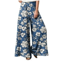 High Squik široke pantalone za žene za žene tiskane šivene prozračne hlače, plava 4xl