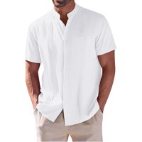 B91XZ muške košulje muške proljeće i ljeto od pune boje pamuk i posteljina sa džepom i reverlima i na polumanutoj kratki bijeli, veličine 3xl